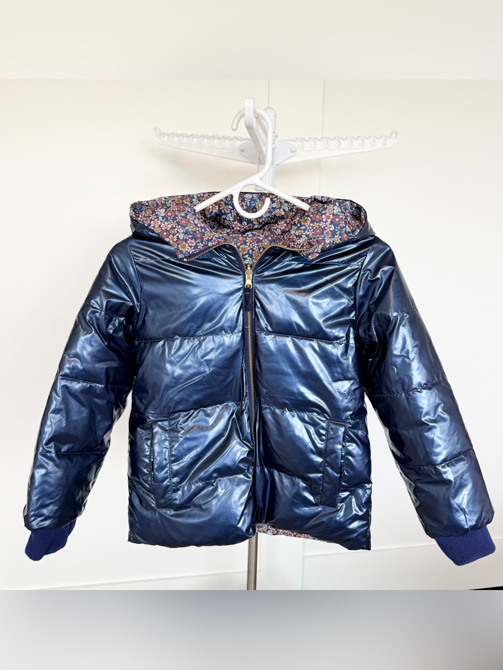 J. Crew Double Sided Navy Shiny And Flower Warm Jacket